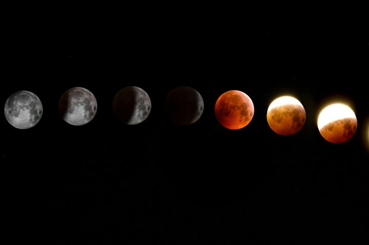 A stunning sequence of moon phases during a lunar eclipse, showcasing the transition from full moon to totality.